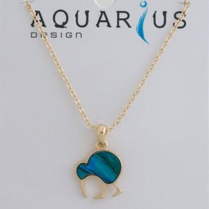 Blue Dyed Walking Kiwi Gold Paua Pendant