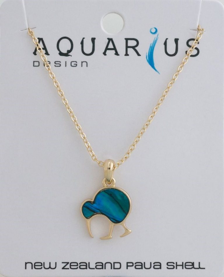Blue Dyed Walking Kiwi Gold Paua Pendant