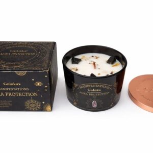 Goloka Manifestations Aura Protection 9oz Gemstone Infused Candle Black Obsidian- Patchouli