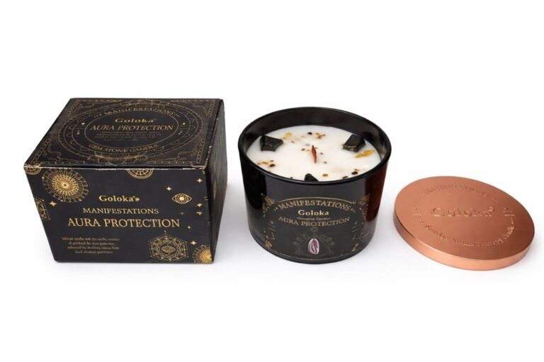 Goloka Manifestations Aura Protection 9oz Gemstone Infused Candle Black Obsidian- Patchouli