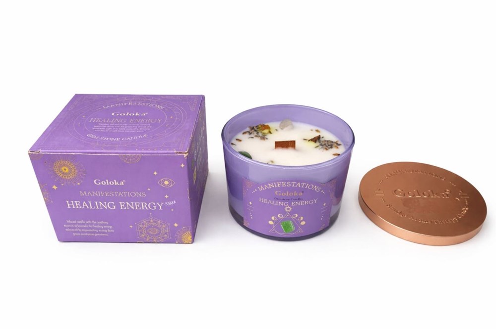 Goloka Manifestations Healing Energy 9oz Gemstone Infused Candle Green Aventurine- Lavender