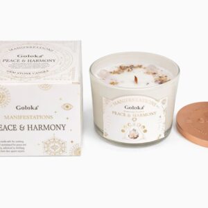 Goloka Manifestations Peace & Harmony 9oz Gemstone Infused Candle Clear Quartz- Sandalwood