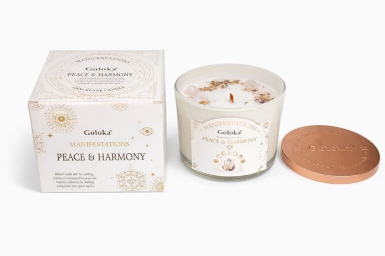 Goloka Manifestations Peace & Harmony 9oz Gemstone Infused Candle Clear Quartz- Sandalwood