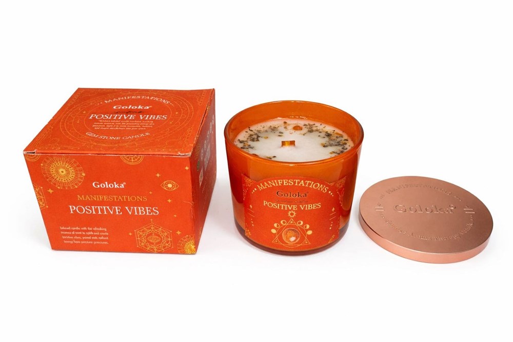 Goloka Manifestations Positive Vibes 9oz Gemstone Infused Candle Sunstone- Mint