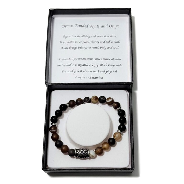 Crystal Bracelet Matte Brown Banded Agate/Onyx And Hemp Knot 8mm