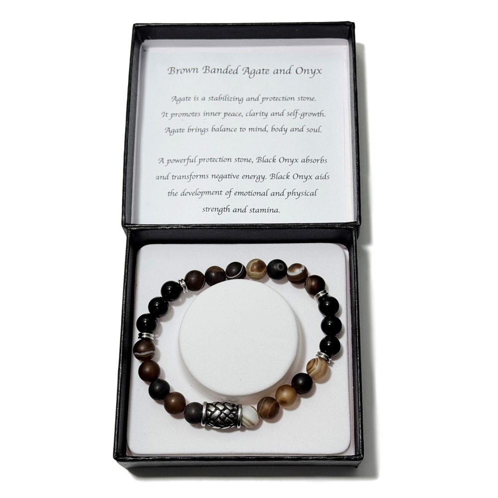 Crystal Bracelet Matte Brown Banded Agate/Onyx And Hemp Knot 8mm